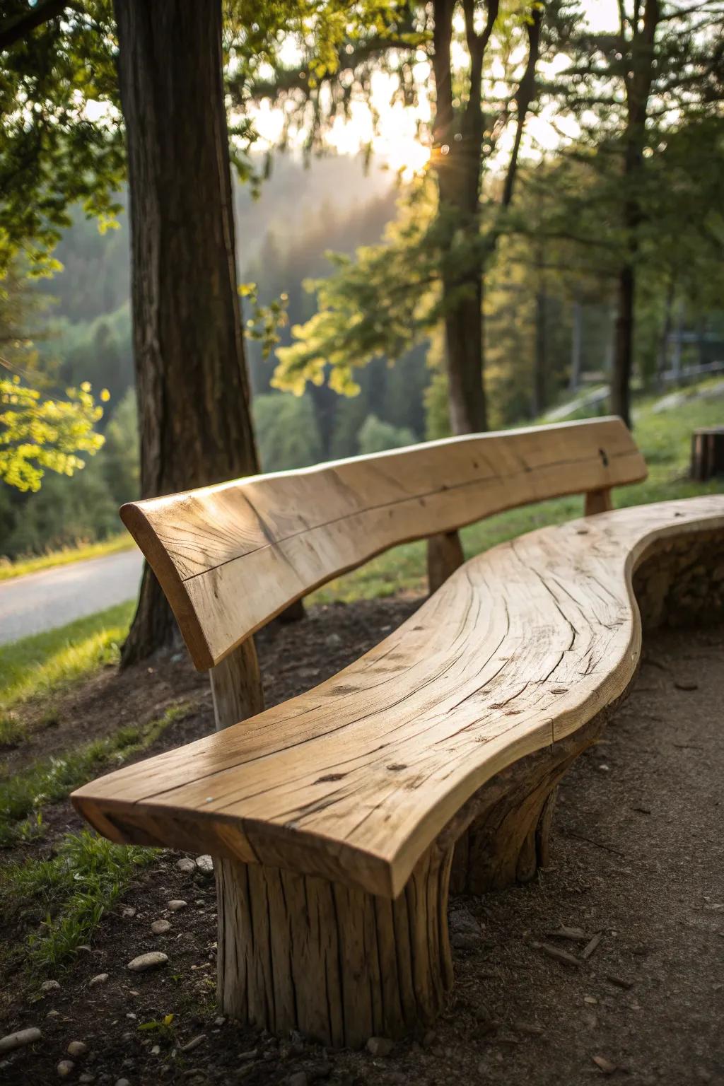 Embrace nature's embrace with this elegantly curved log bench, a masterpiece of craftsmanship.