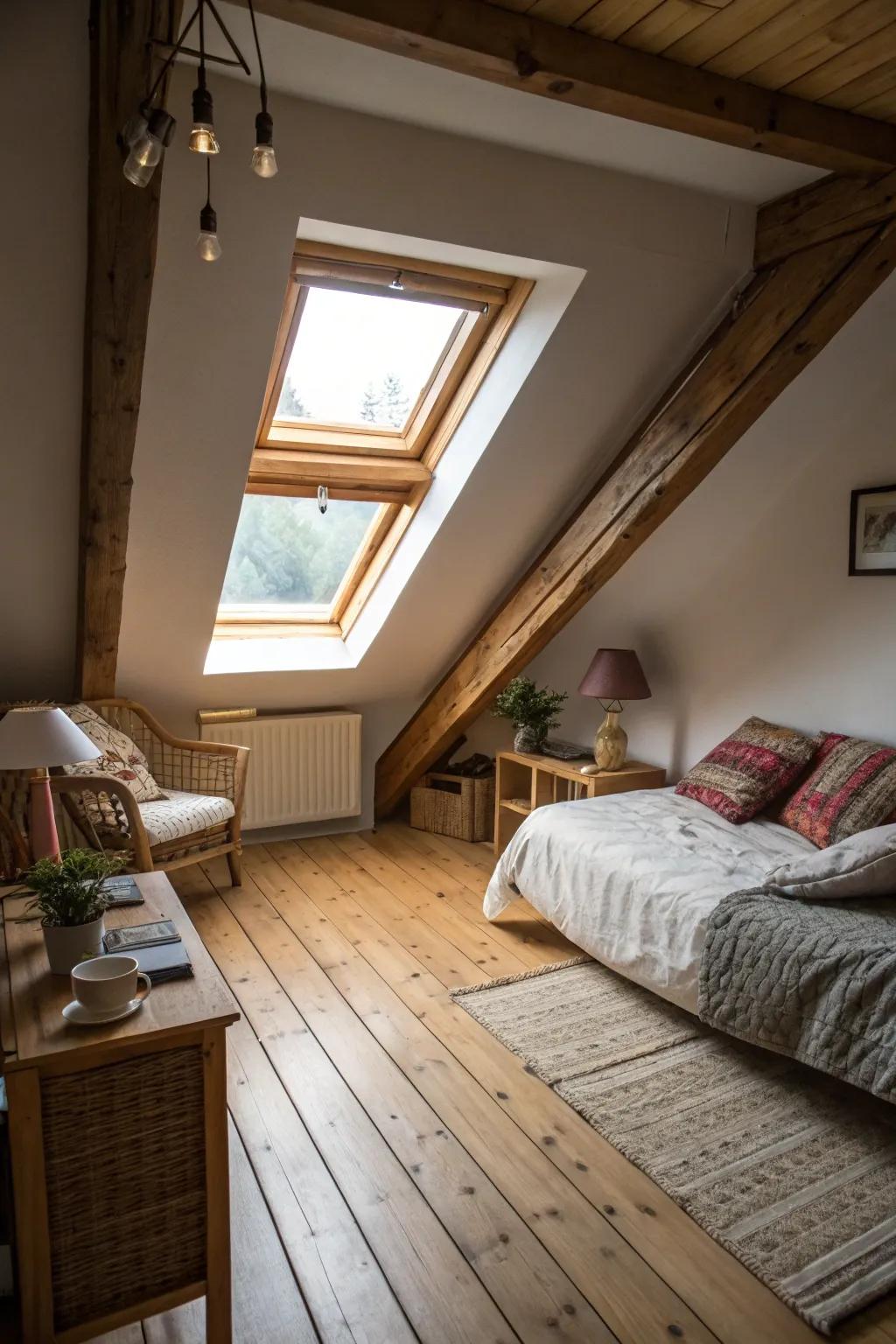 Skylights flood the attic with natural light, making it feel expansive.