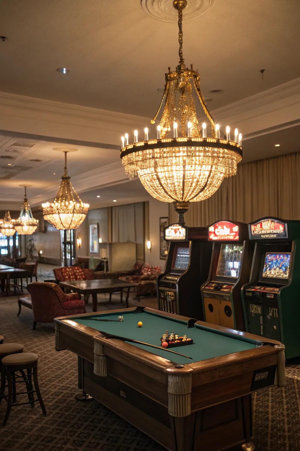 Elegant lighting creating a warm and inviting atmosphere in a game room.