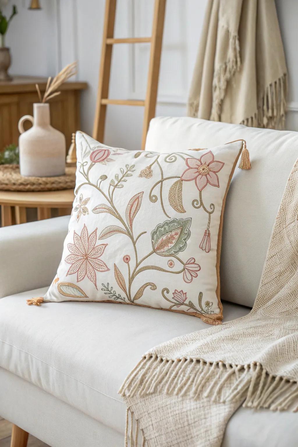 Elevate your living room with charmingly embroidered pillowcases that blend Scandinavian simplicity with Boho elegance.