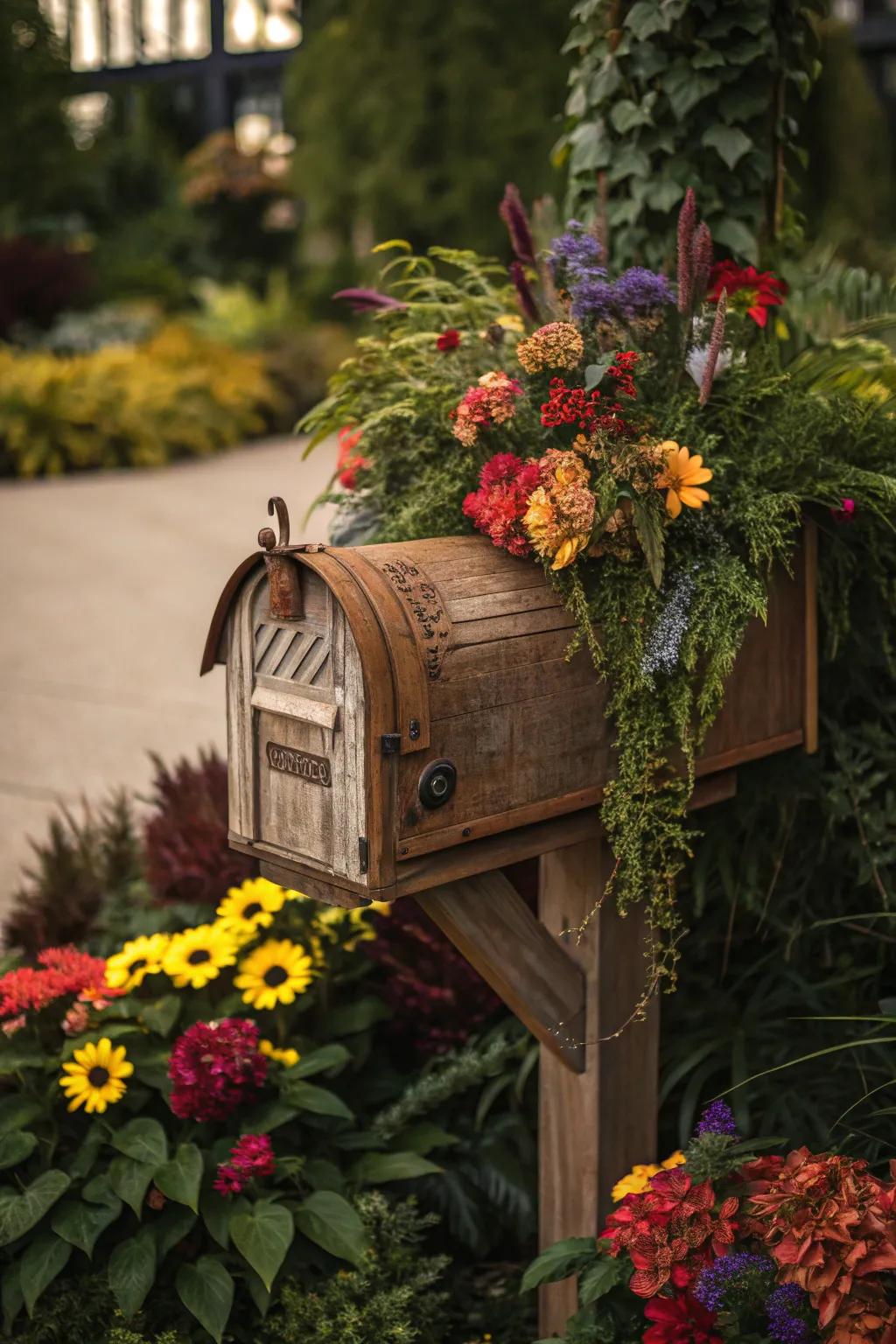 Transform your mail experience with a crafted mailbox, embraced by a garden of seasonal blooms.