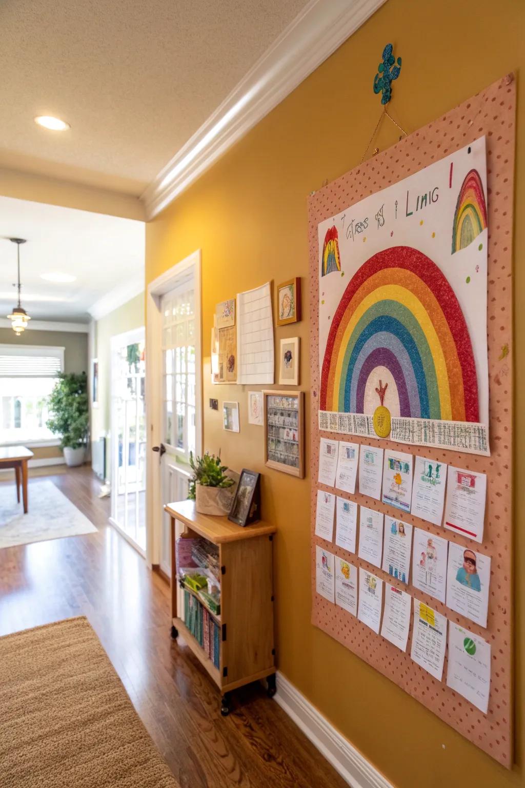 A rainbow-themed bulletin board with positive affirmations.