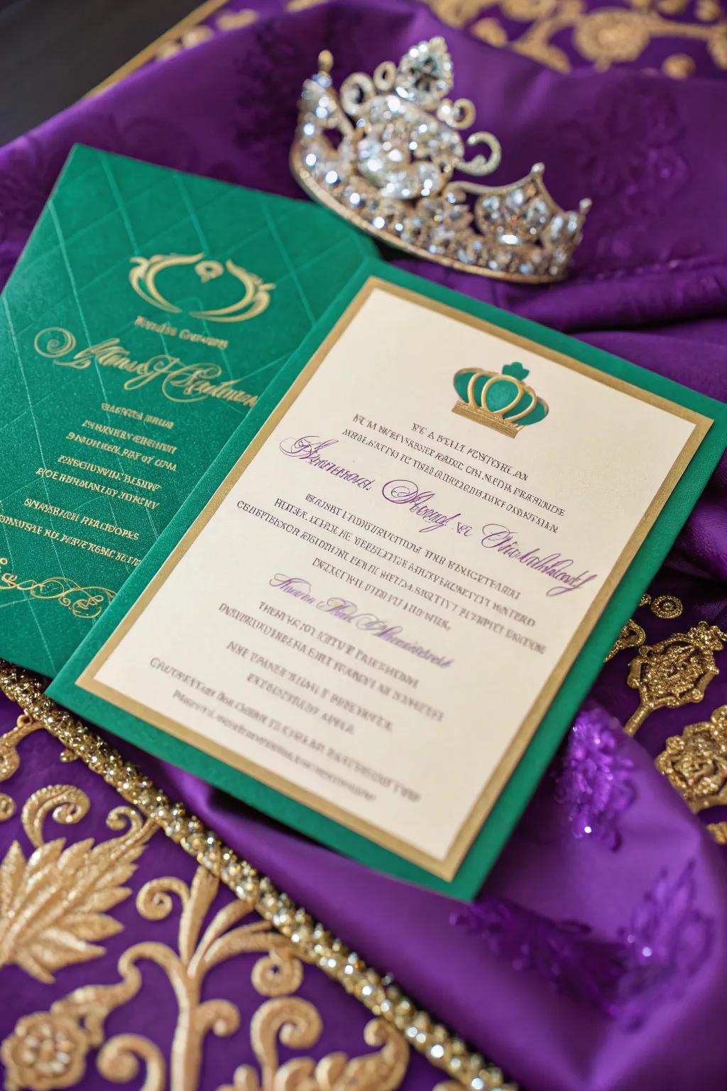 An invitation showcasing the classic Mardi Gras color scheme.