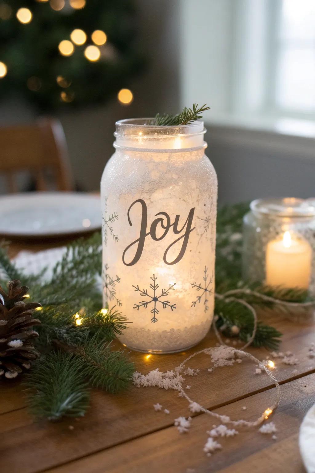 Create a serene Winter Wonderland at home with a beautifully crafted mason jar of 'Joy'.