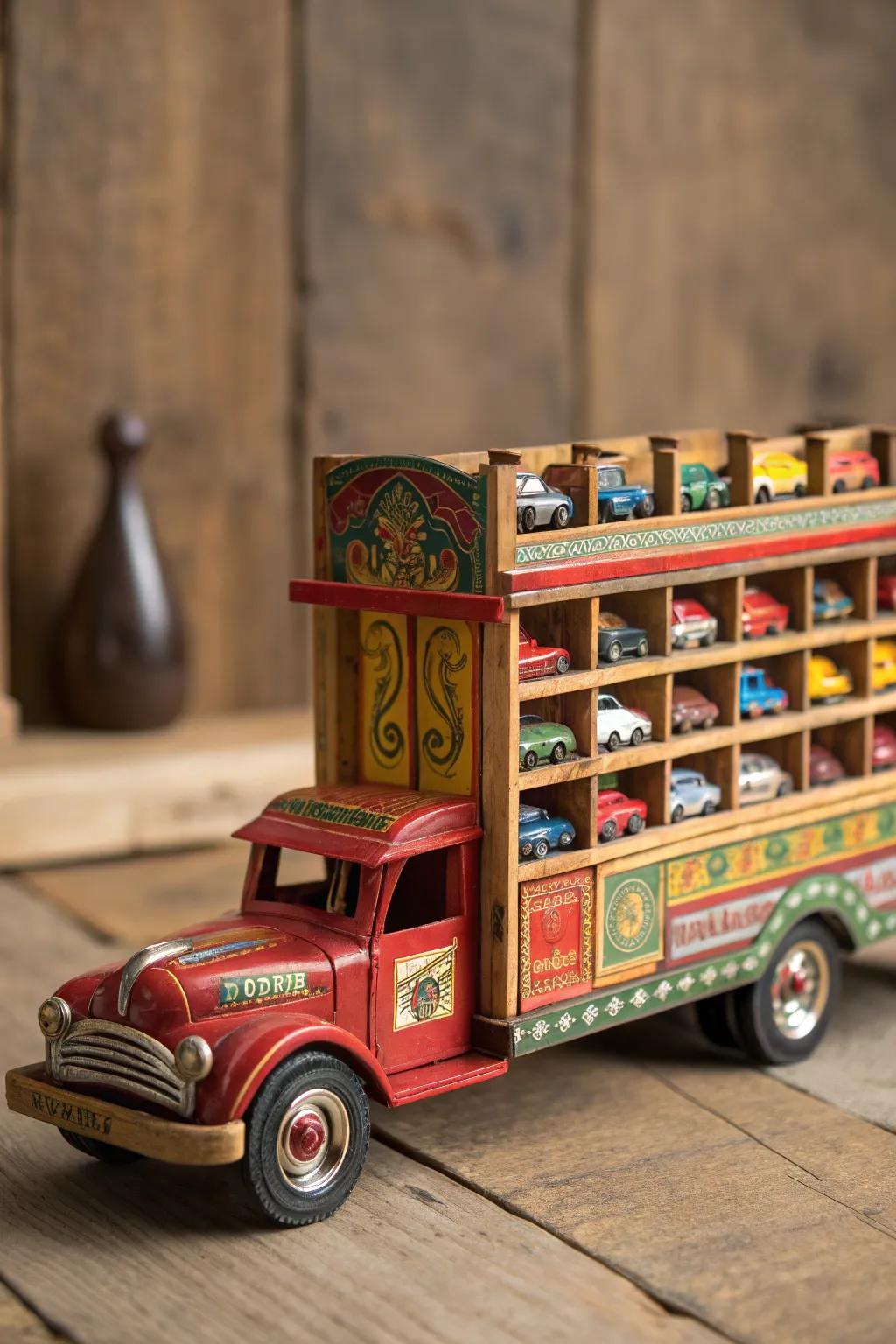 Showcase your collection in style with this handcrafted truck display rack, where craftsmanship meets creativity.