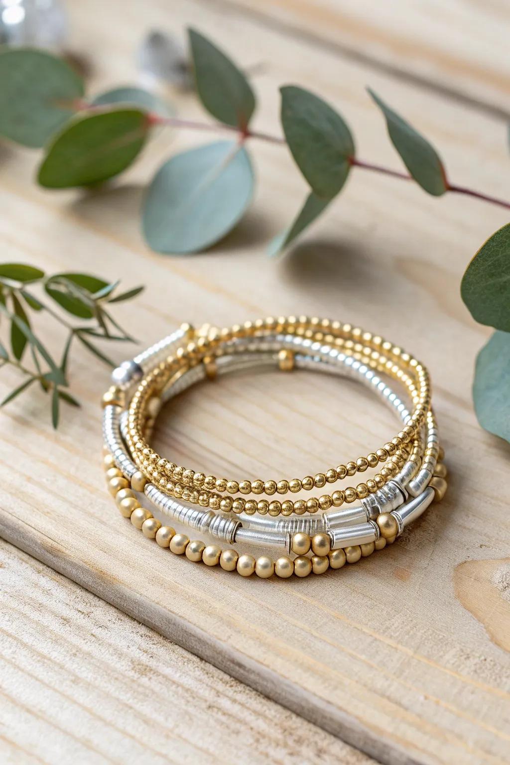 Discover layered elegance with this chic memory wire bracelet, blending gold and silver for timeless beauty.
