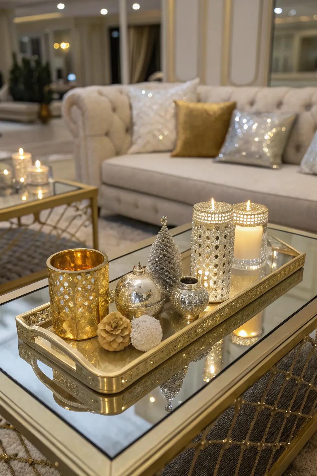 Metallic accents add a touch of elegance to your mirror coffee table.