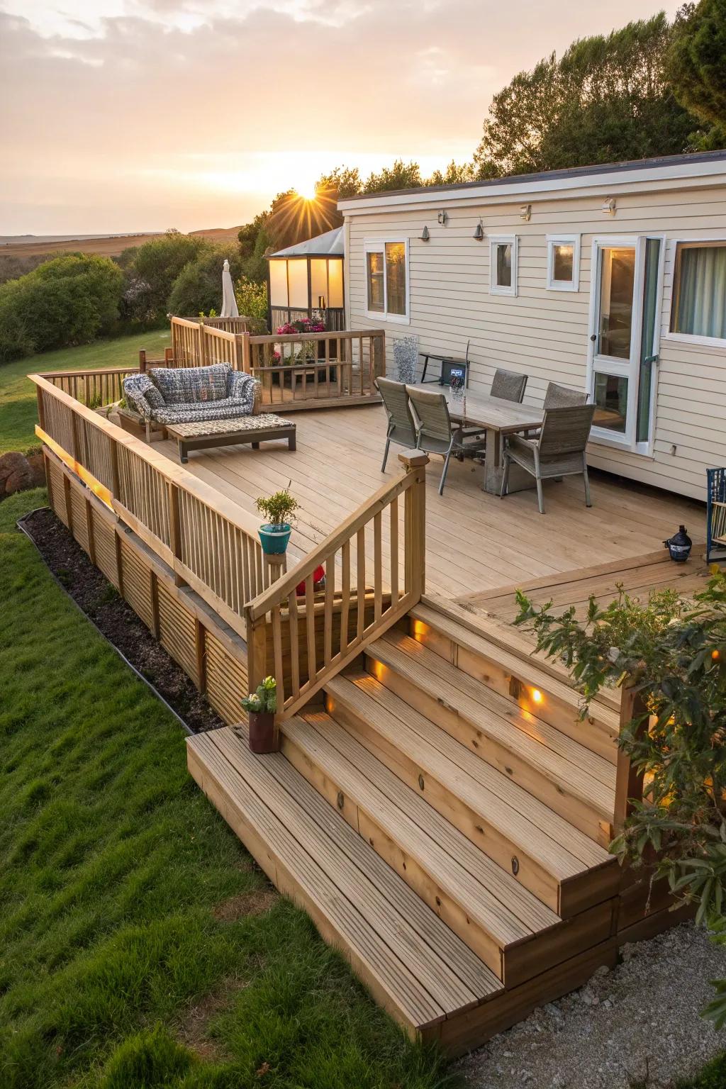 Transform your mobile home with a stunning multi-level deck that defines elegance and functionality.