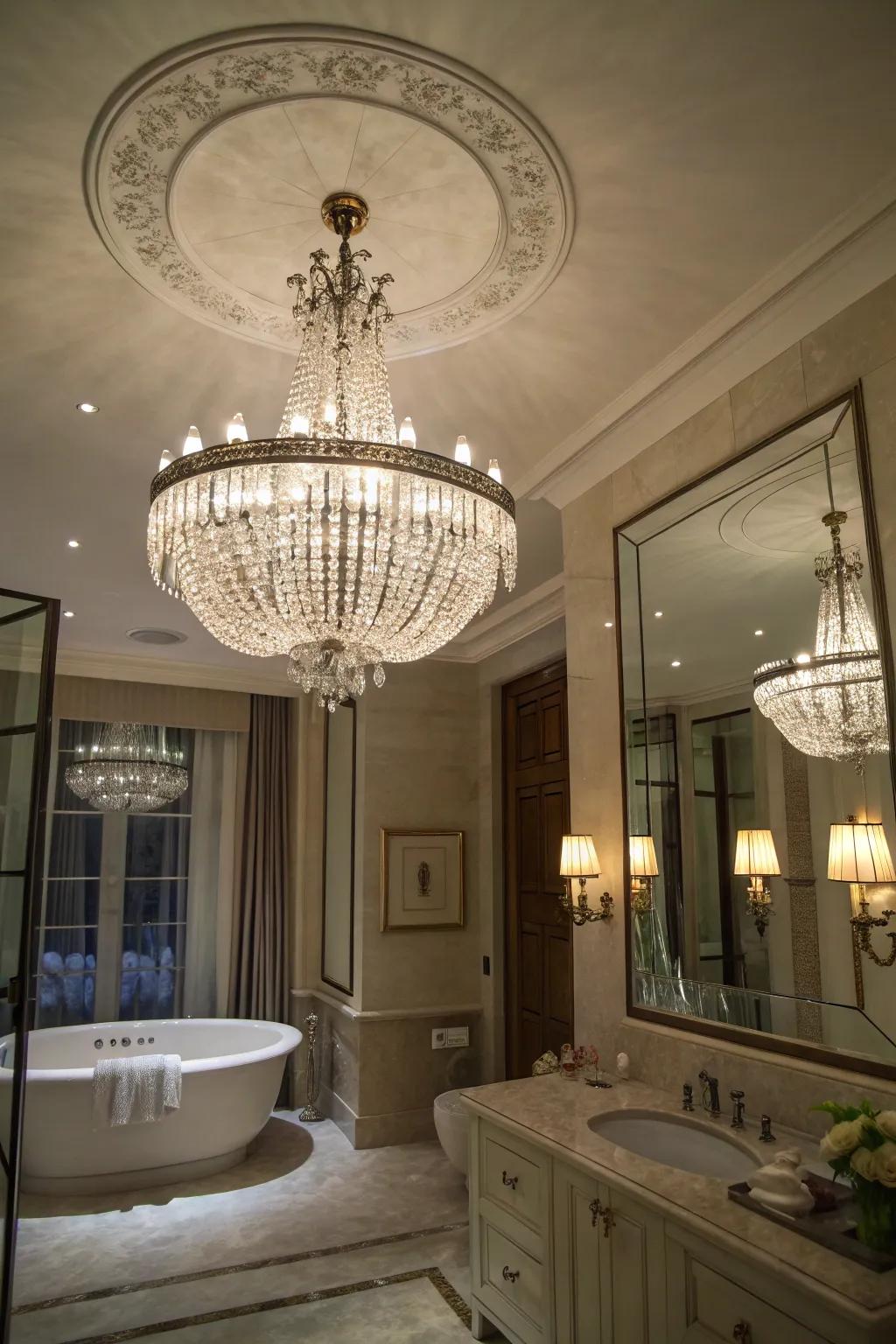 Chic lighting with a crystal chandelier elevates this glam bathroom.