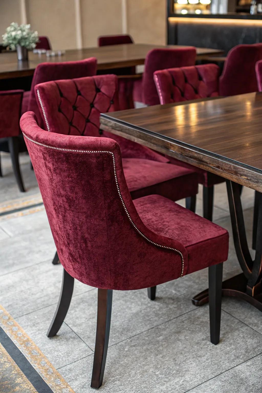 Velvet seating for a luxurious dining experience.