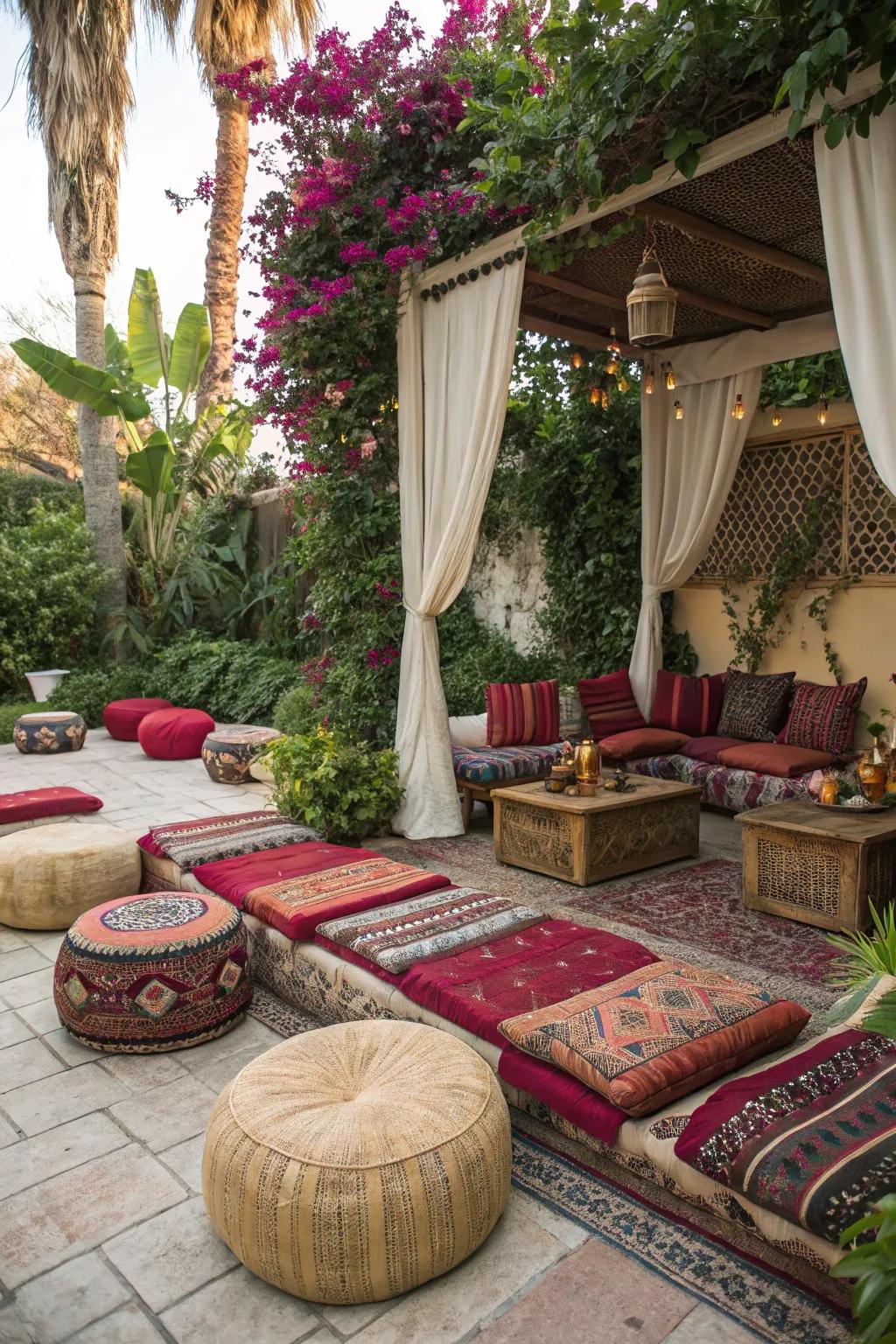 Low seating with plush cushions invites guests to relax.