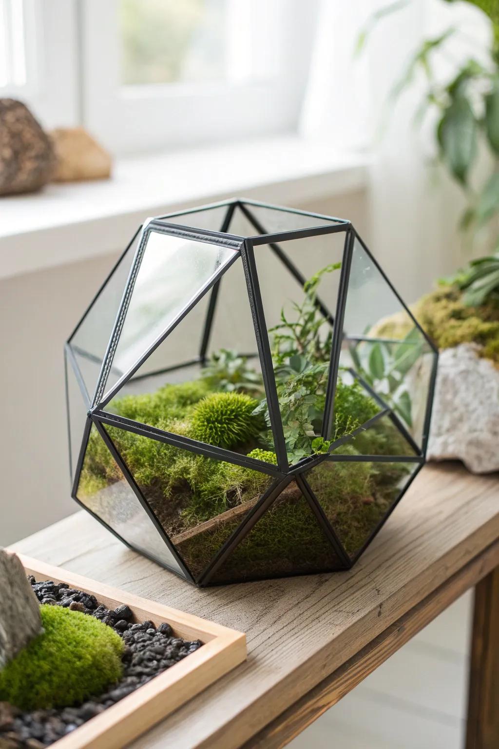 Elevate your space with the chic elegance of a geometric glass terrarium, where modern design meets natural beauty.