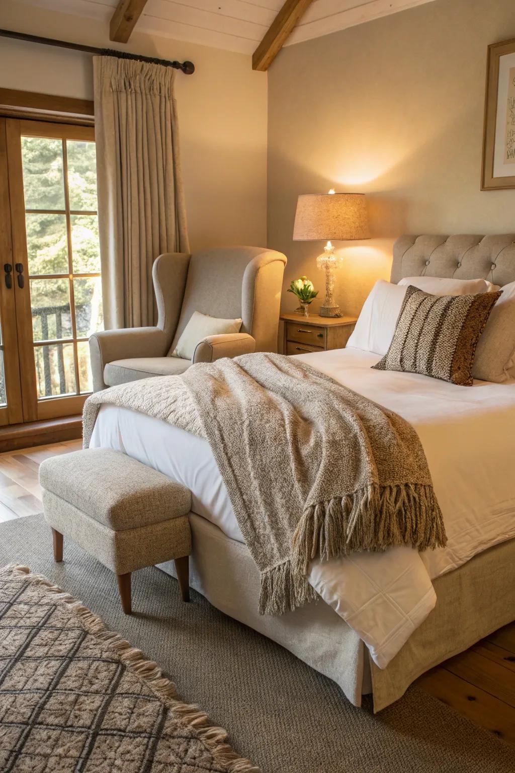 Comfortable furniture, including a plush bed and cozy chair, makes this bedroom inviting.