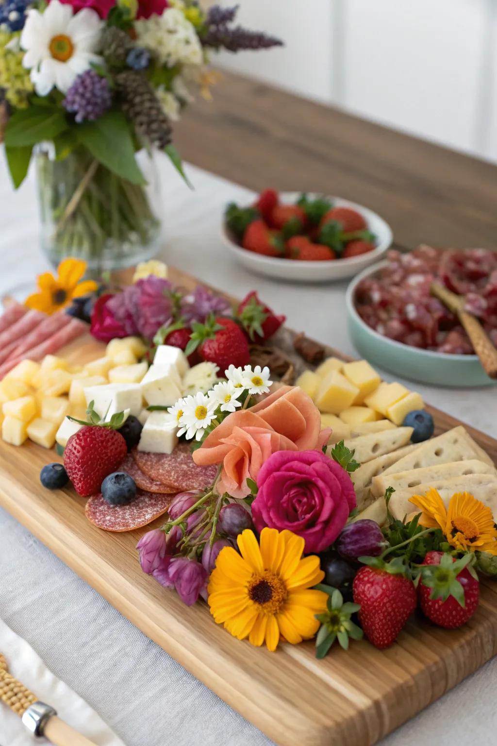 Fresh flowers add a burst of color and elegance to your Mother's Day board.