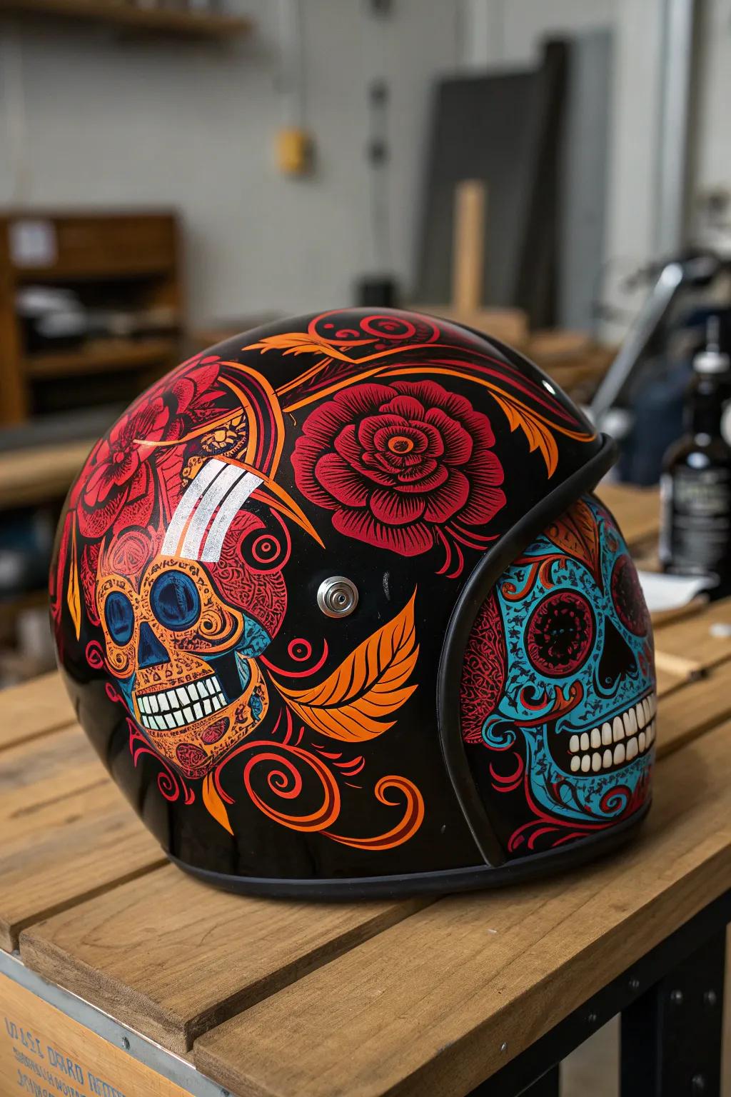 Celebrate life on the road with a helmet that turns heads: Day of the Dead artistry at its finest.