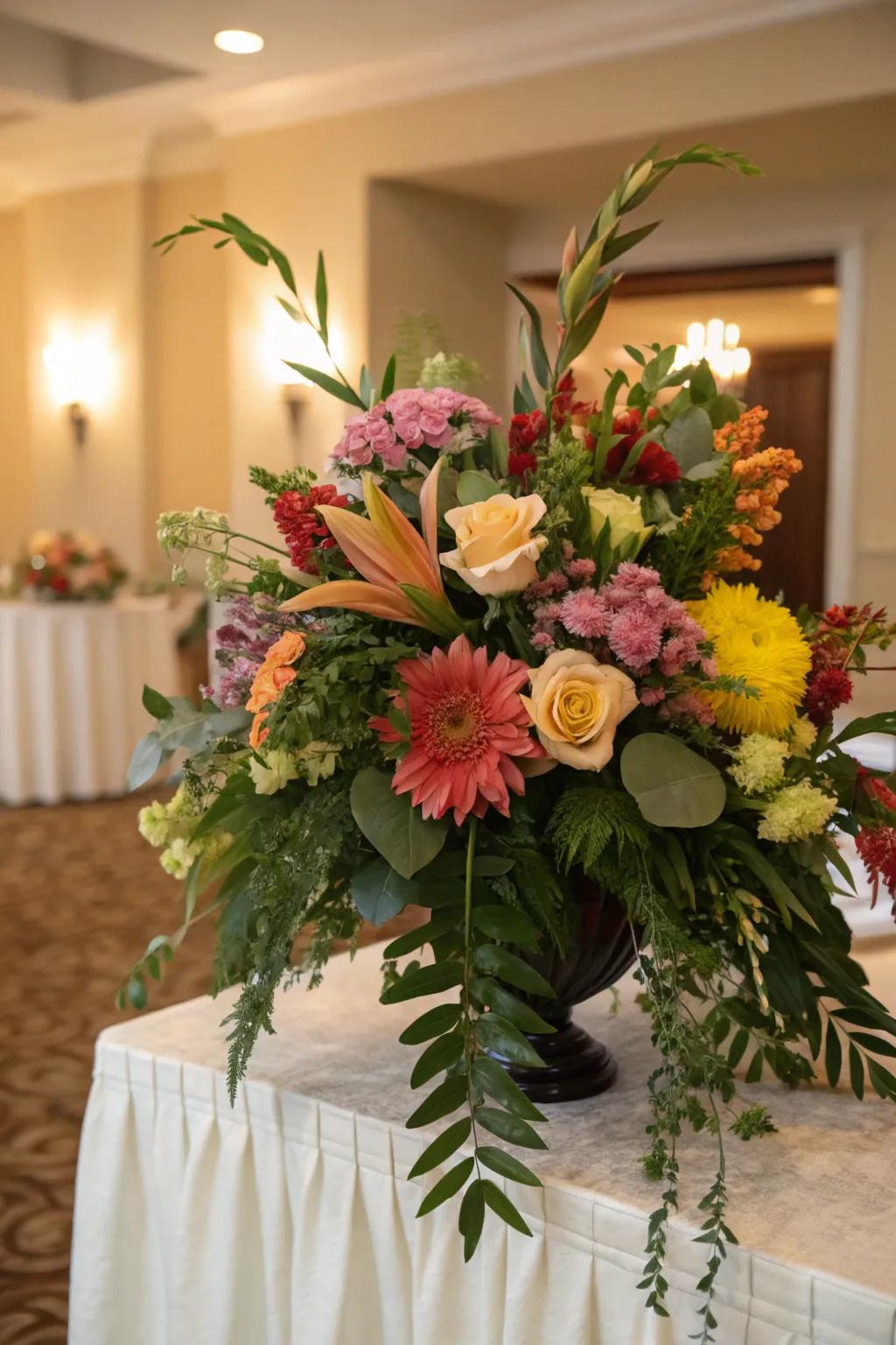 A vibrant floral display brings life to the table.