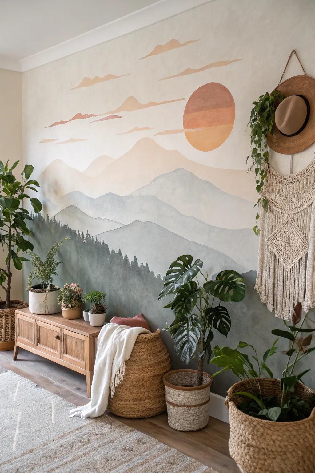 Embrace the tranquility of nature with a minimalist sunrise mural, where Scandinavian simplicity meets boho charm.