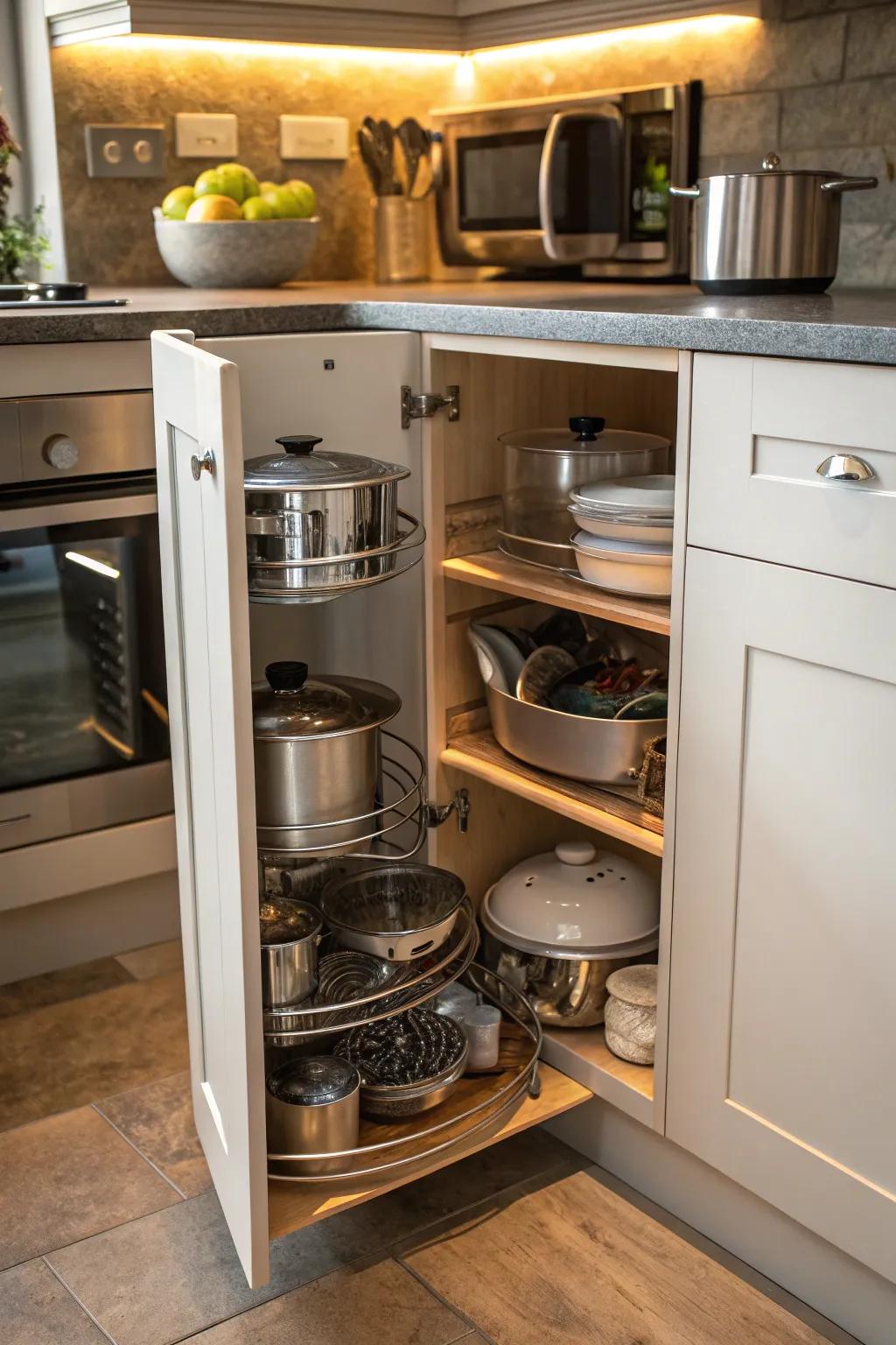 Corner cabinets with rotating solutions maximize hard-to-reach spaces.