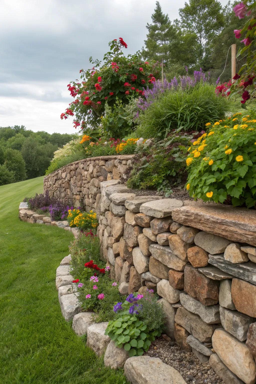 Nature meets Craftsmanship: A stunning blend of rugged stone and vibrant blooms.