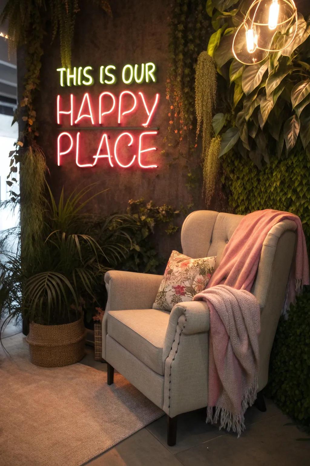 A cozy corner transformed by a 'This is Our Happy Place' neon sign.
