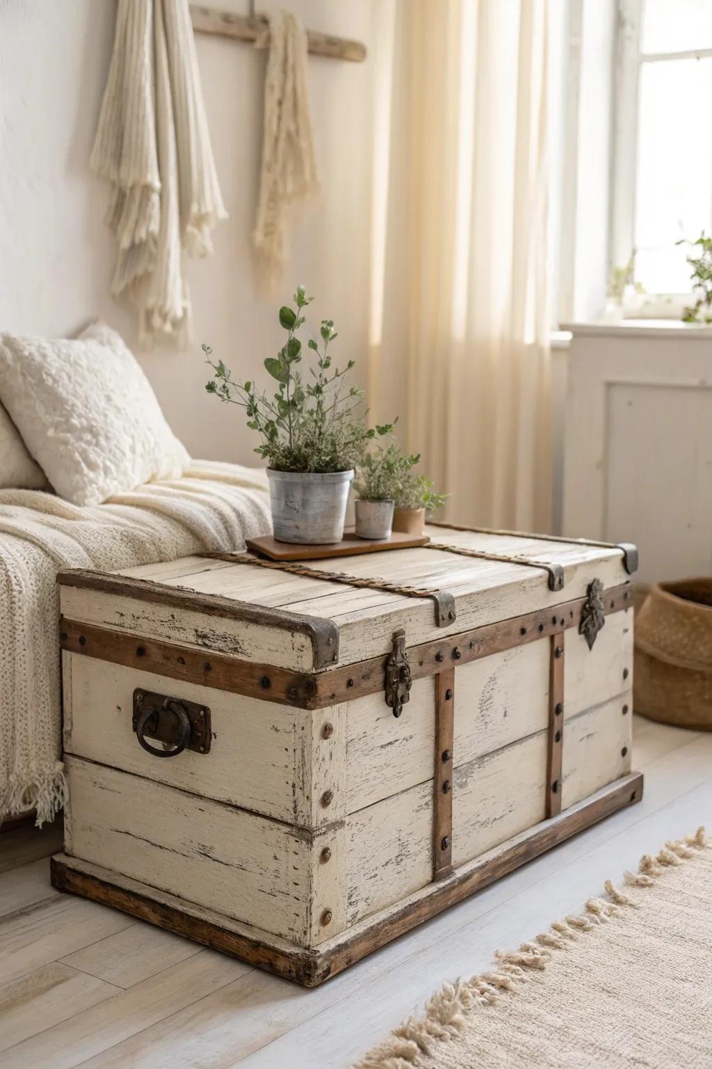 Transform your old trunk into a shabby-chic masterpiece with a rustic, distressed finish.