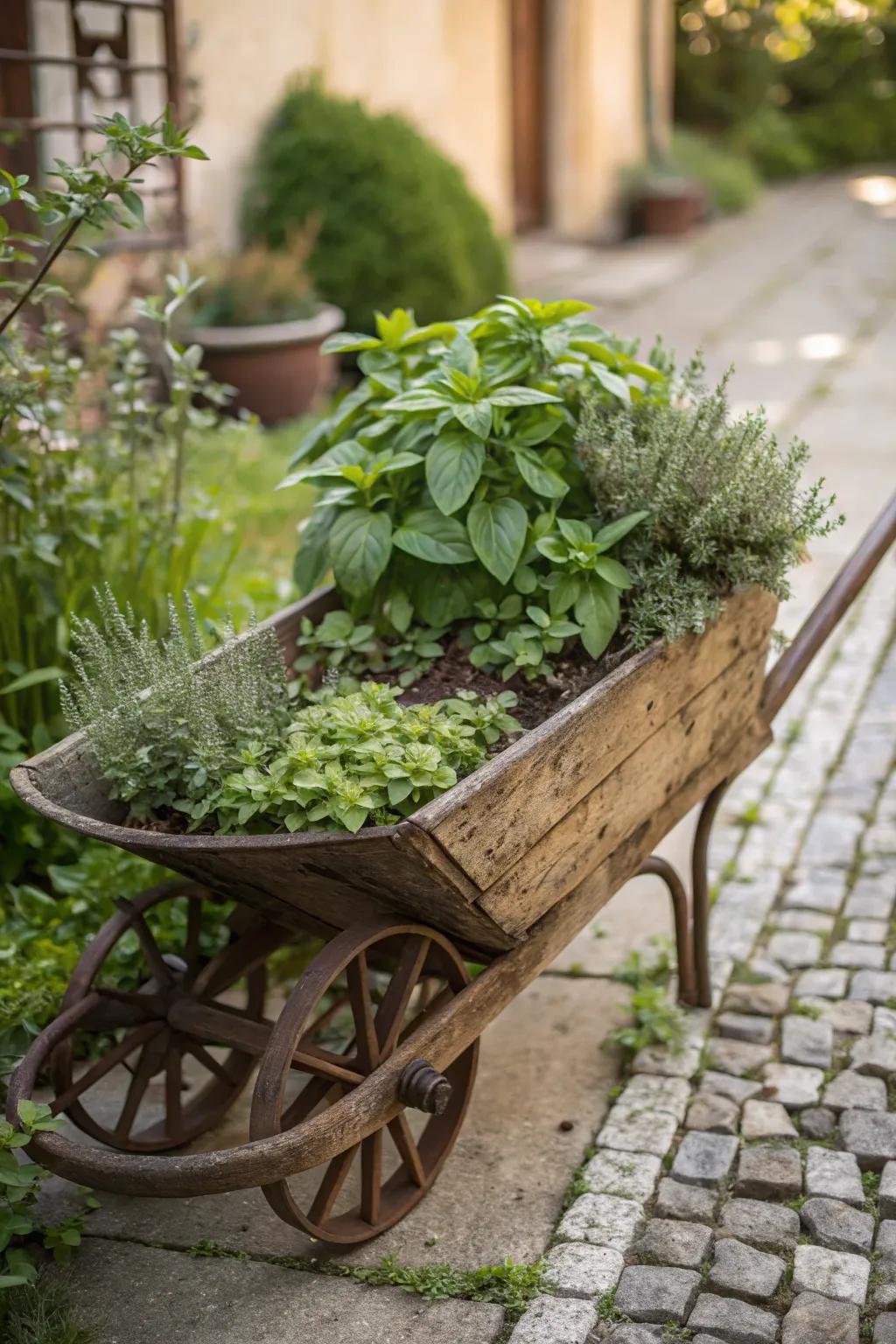 Transform a vintage wheelbarrow into a charming mini herb garden—where rustic meets fresh!