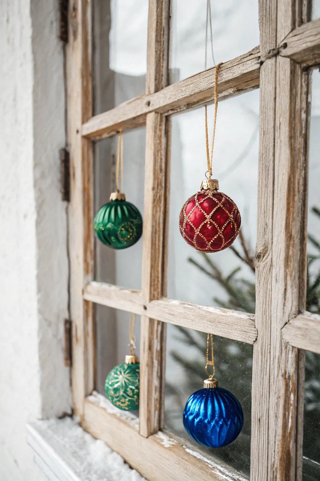 Transform a vintage window frame into a vibrant holiday centerpiece with colorful ornaments, blending Scandinavian minimalism with boho elegance.