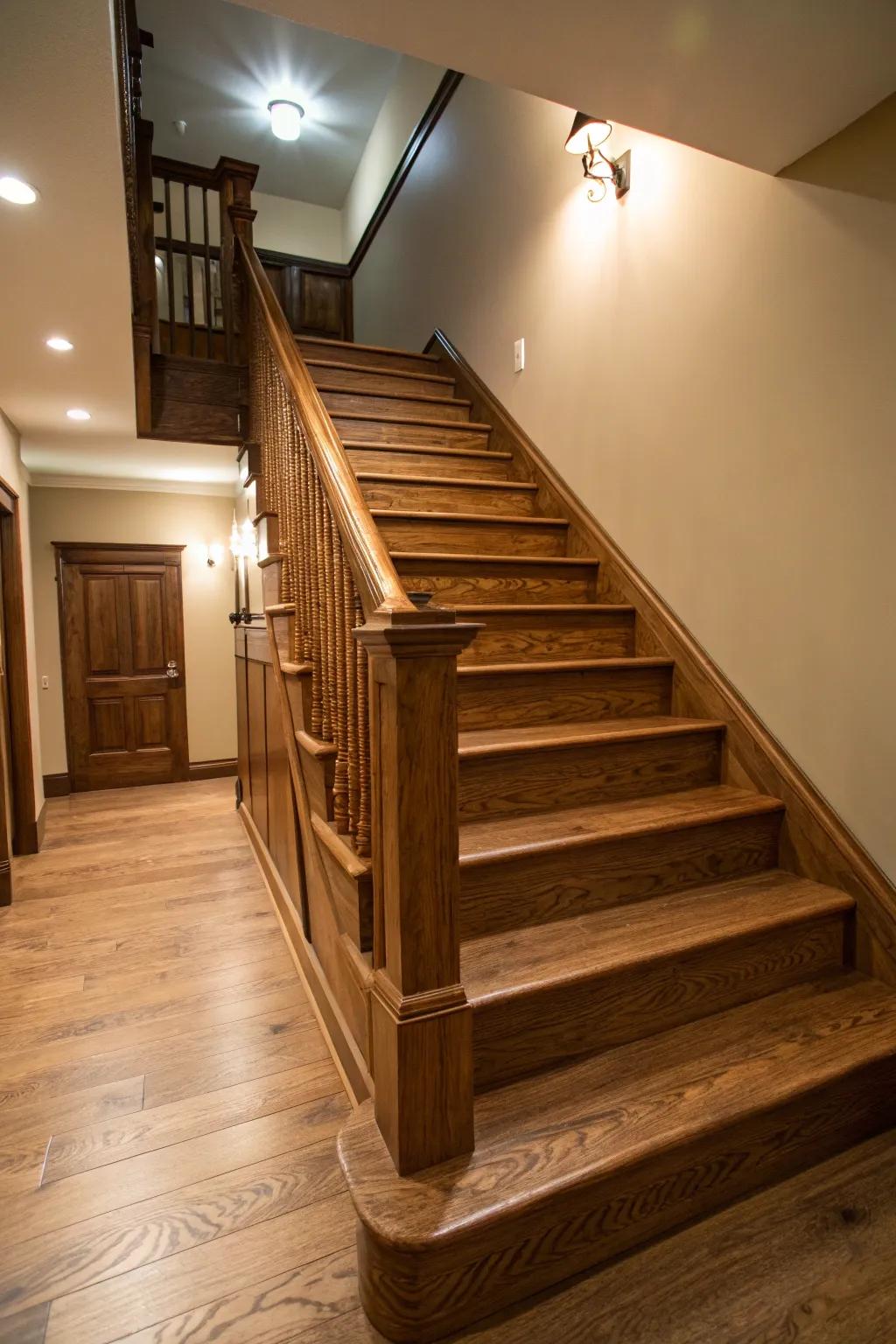 Embrace the warmth of natural wood with these stunning basement stairs.