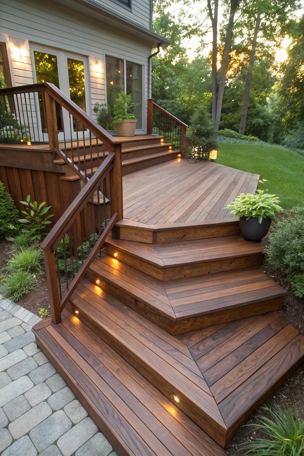 Step into sophistication with this expertly crafted L-shaped deck staircase, where style meets safety.