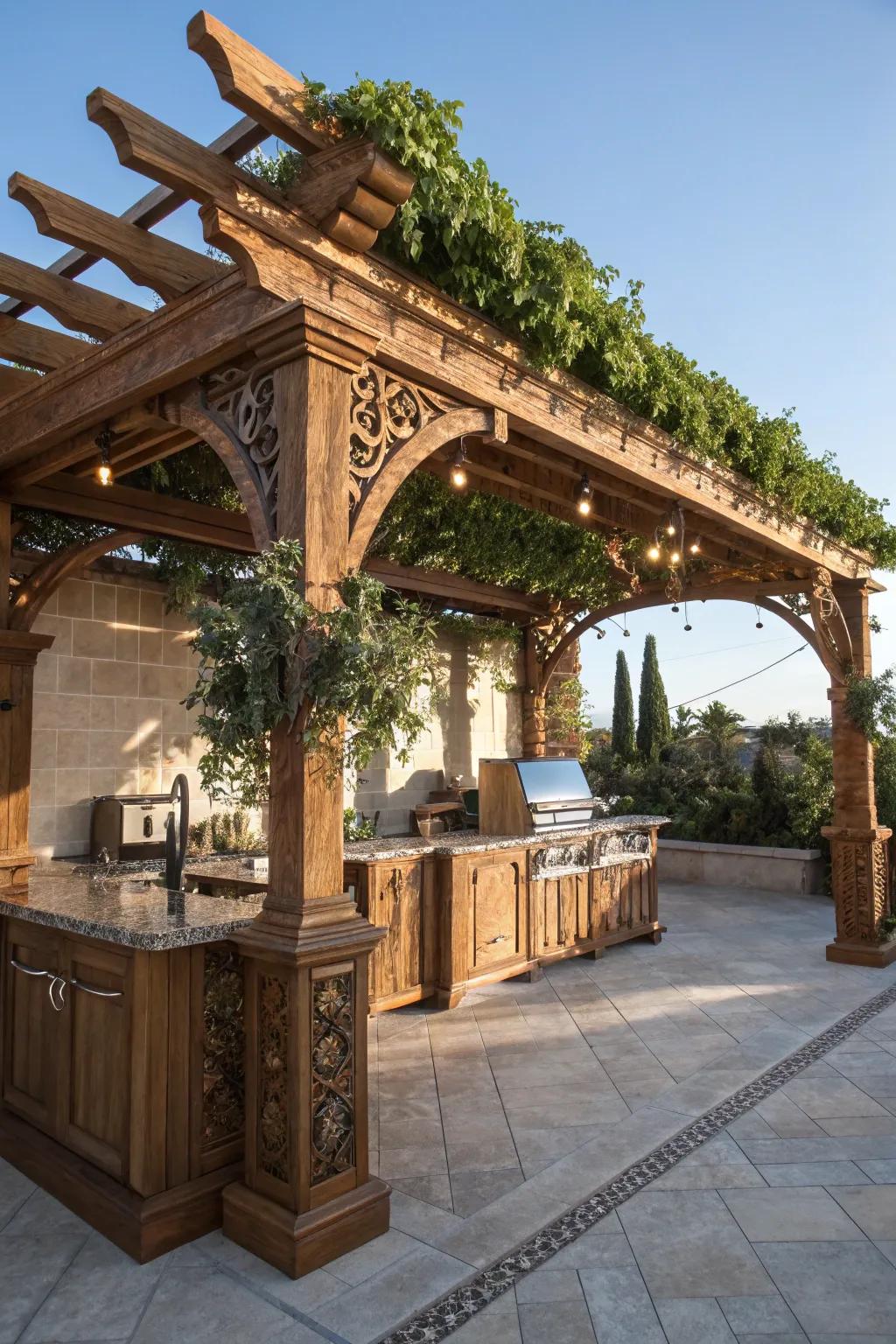 Transform your outdoor kitchen into a stylish refuge with a handcrafted pergola for perfect shade.