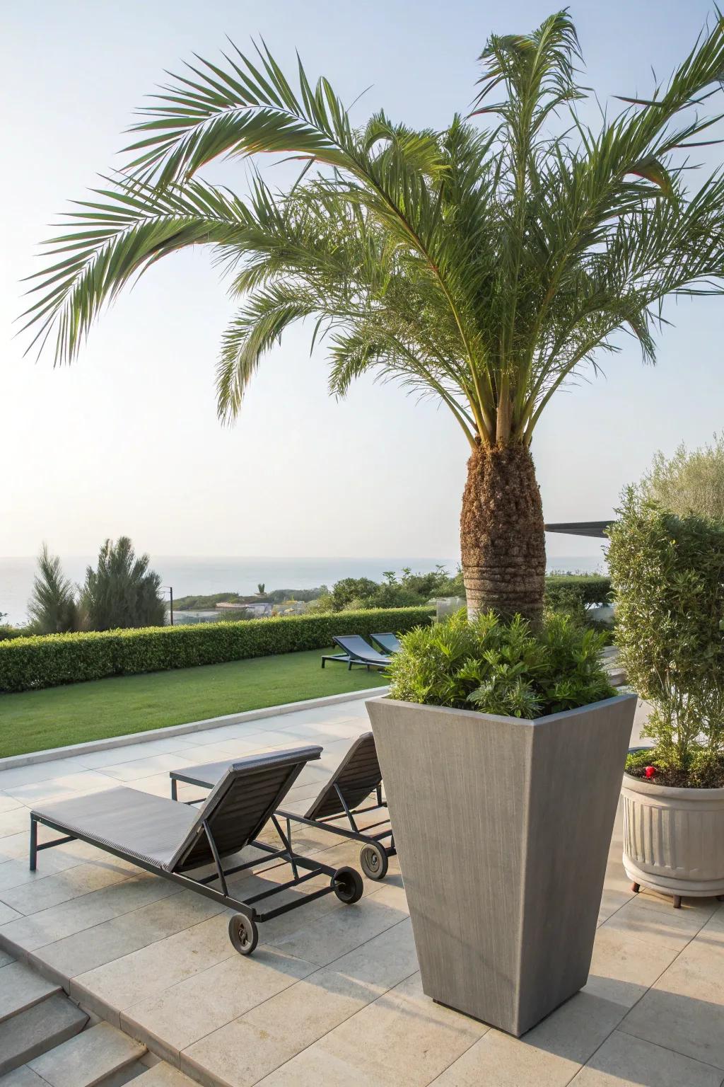 A tropical escape with a palm tree in a modern patio planter.