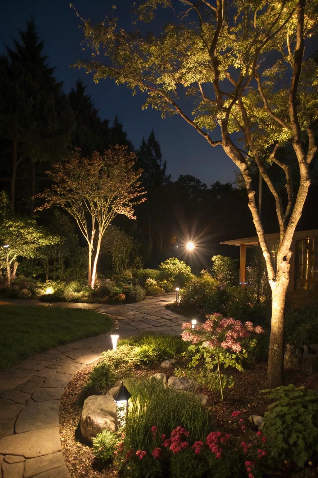 Spotlights transform your garden into a nighttime masterpiece.
