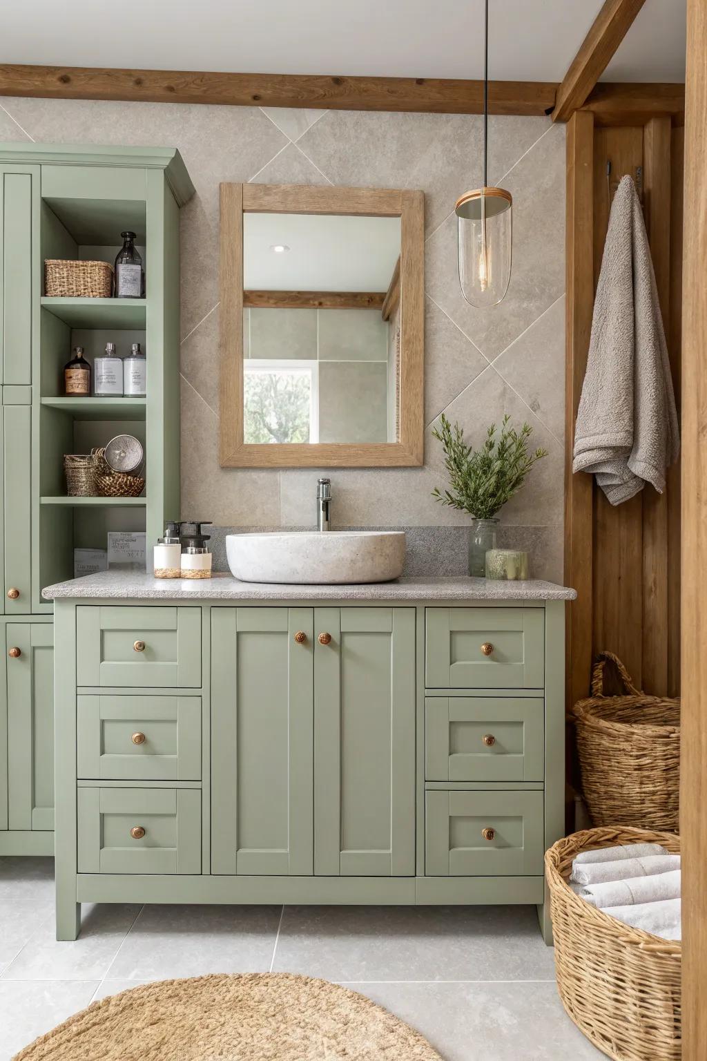 Transform your bathroom into a tranquil retreat with sage green cabinets and natural accents.