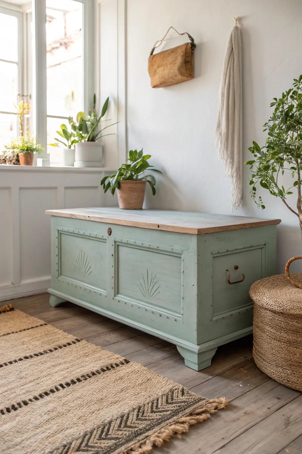 Transform your space with the timeless elegance of a chalk-painted cedar chest. #ScandiBoho #Craftsmanship