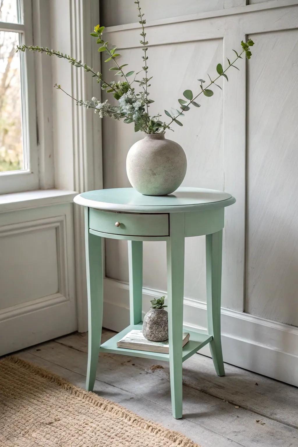 Embrace the serenity of pastel dreams with a mint-hued end table, perfect for adding a subtle yet stylish touch to your space.