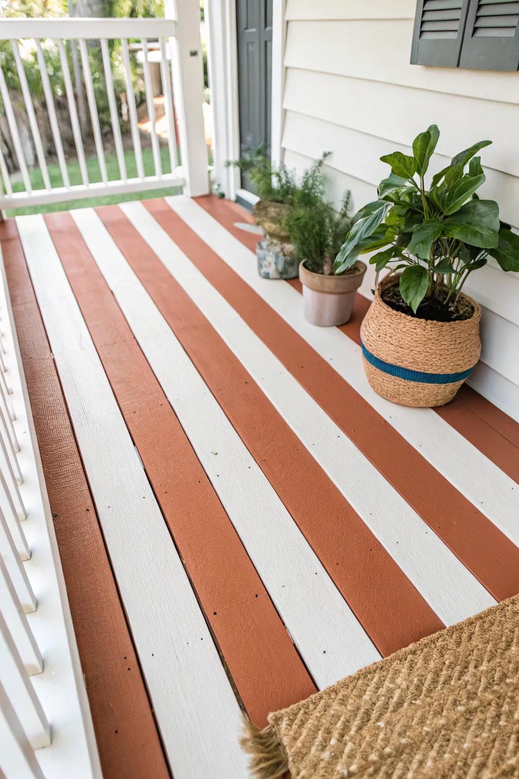 Transform your porch with bold, striped flooring for a touch of minimalist elegance.
