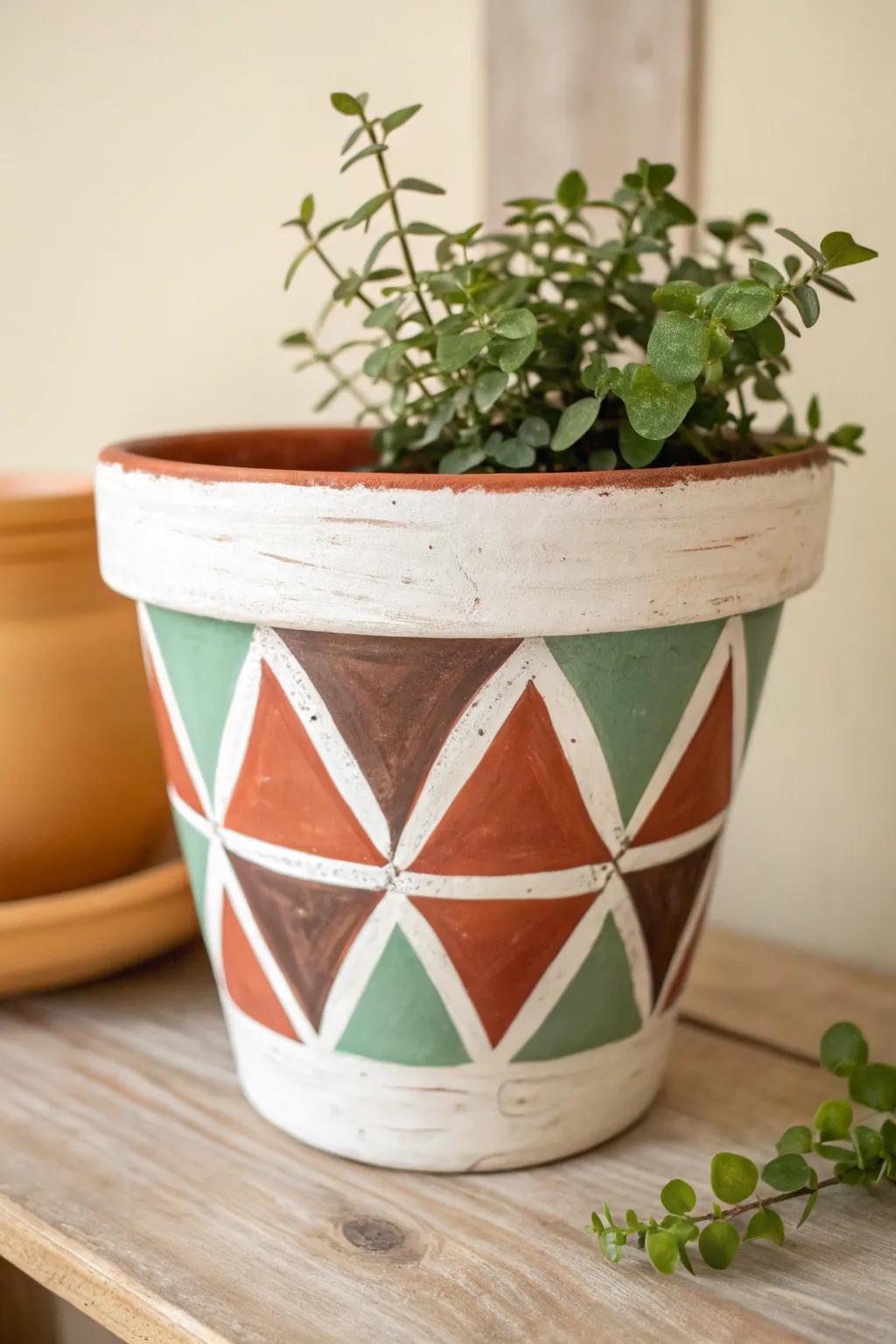 Add a modern twist to your home with bold geometric painted pots, where simplicity meets artistry.