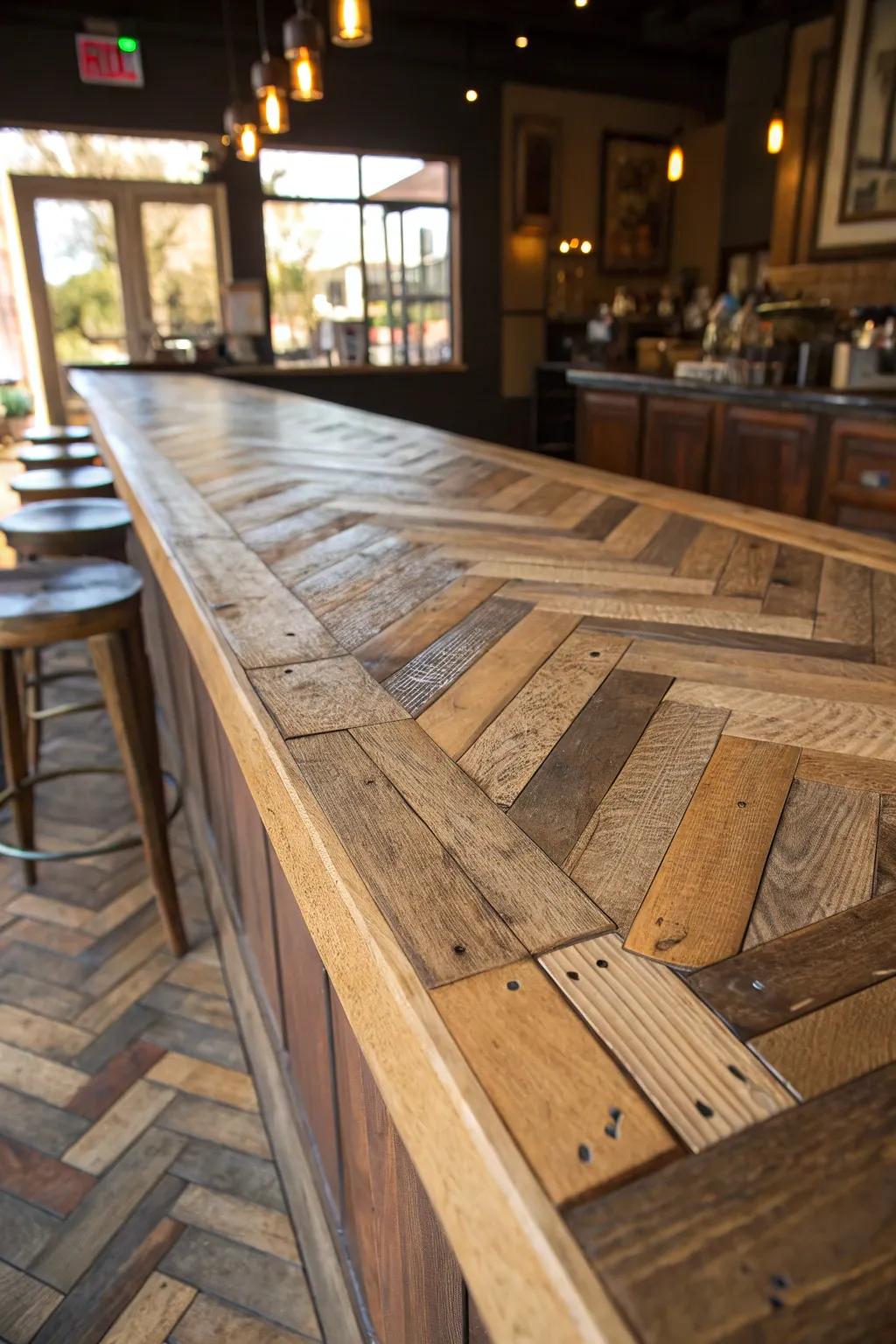 Craft your perfect gathering spot with a stunning herringbone-patterned pallet bar top.
