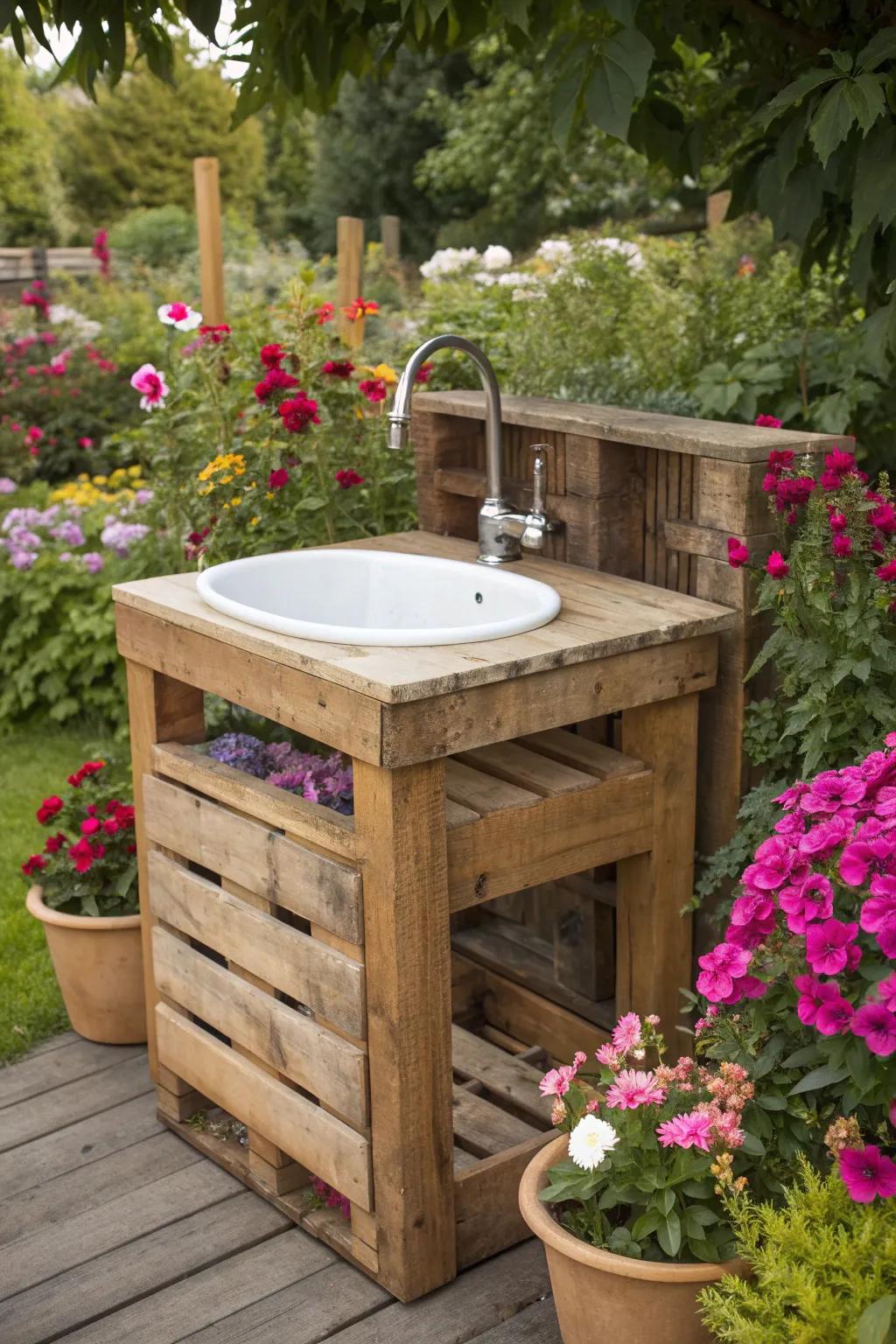 Elevate your garden experience with a beautifully crafted pallet sink, where nature meets craftsmanship.
