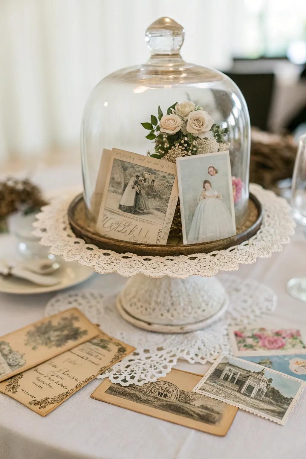 A vintage Parisian-inspired centerpiece with postcards and lace doilies.