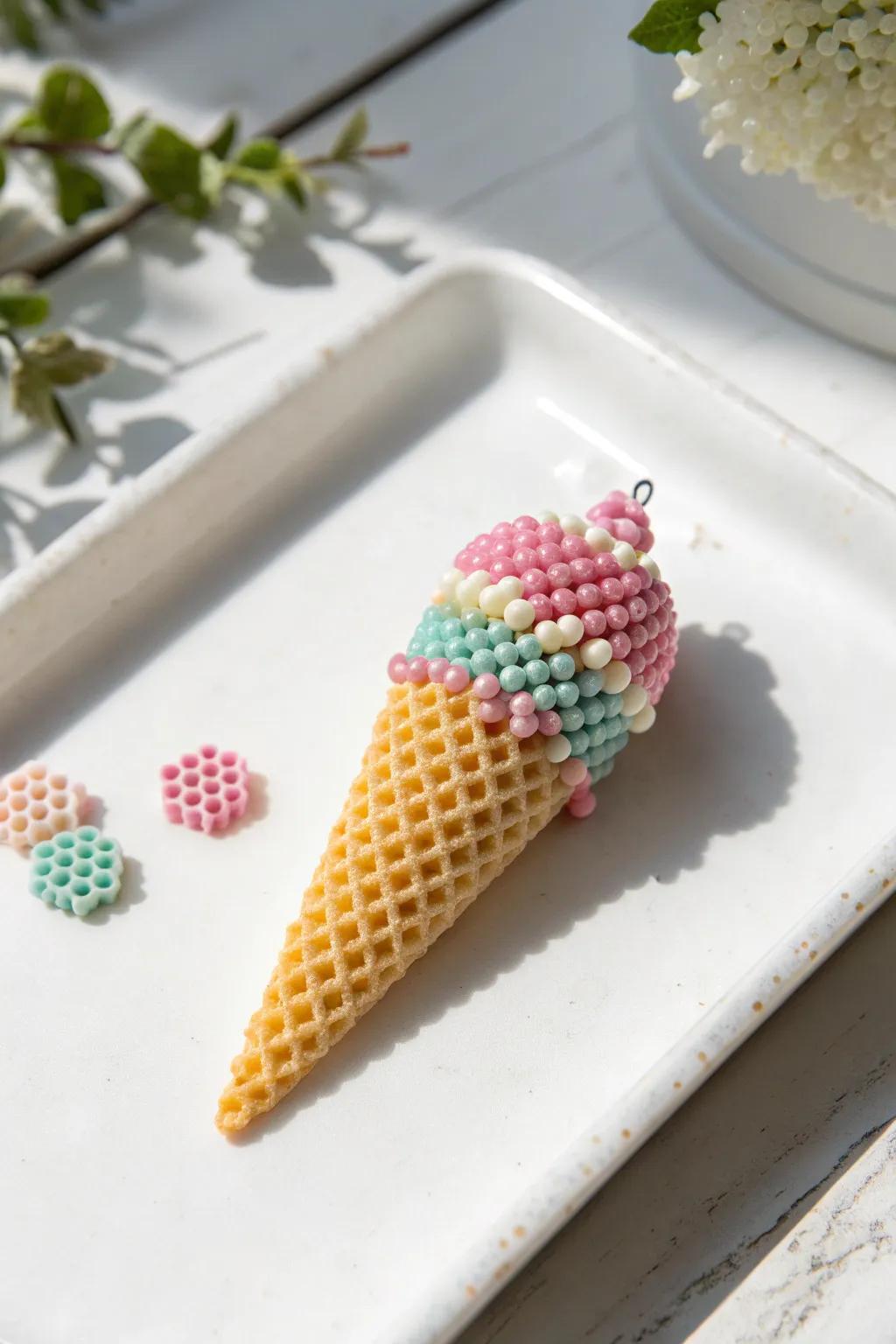 Indulge in the sweetness of summer with this charming mini ice cream cone magnet made from perler beads. Perfect for a touch of whimsy on your fridge!