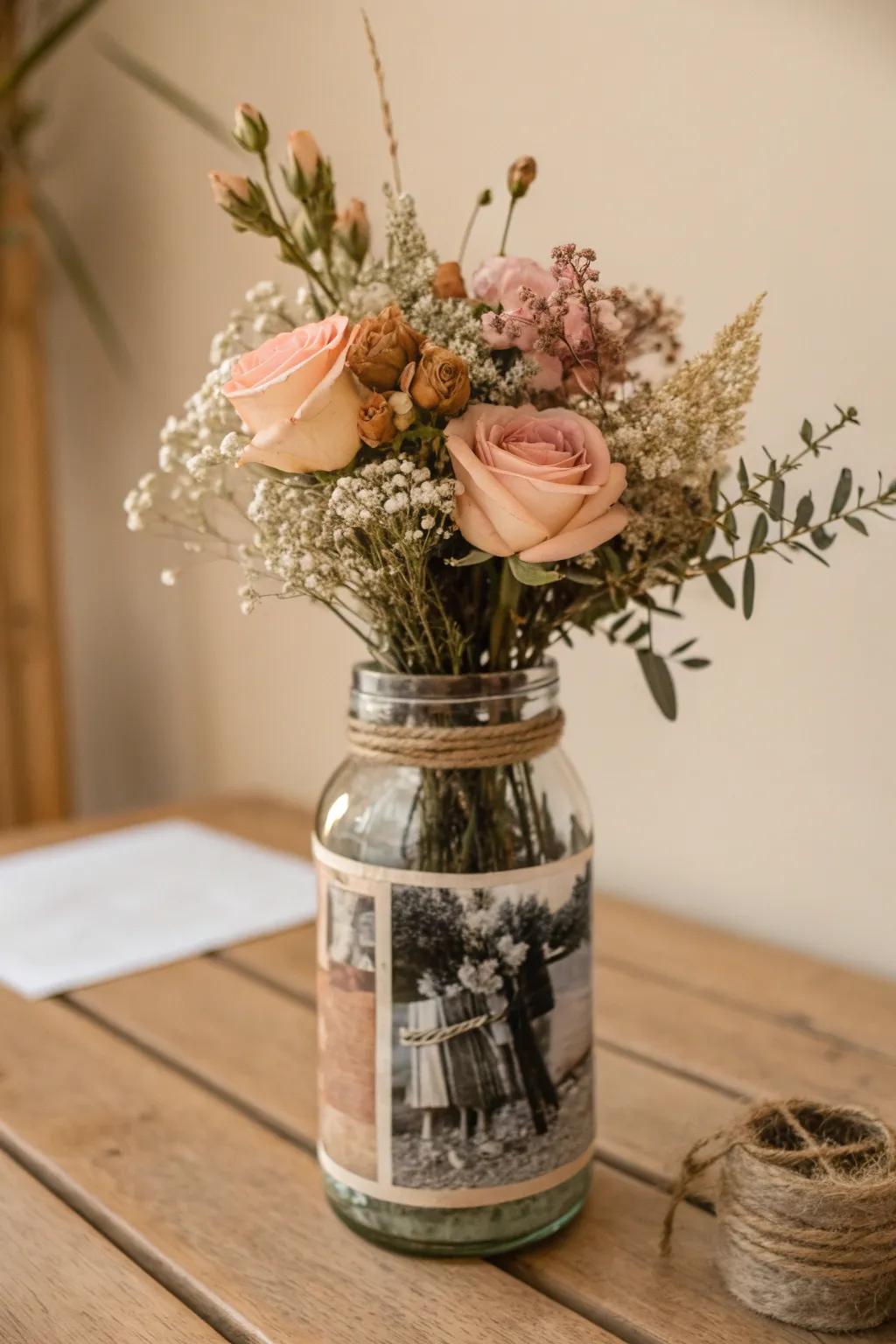 Elevate your table setting with a rustic mason jar display, blending vintage charm and natural beauty.