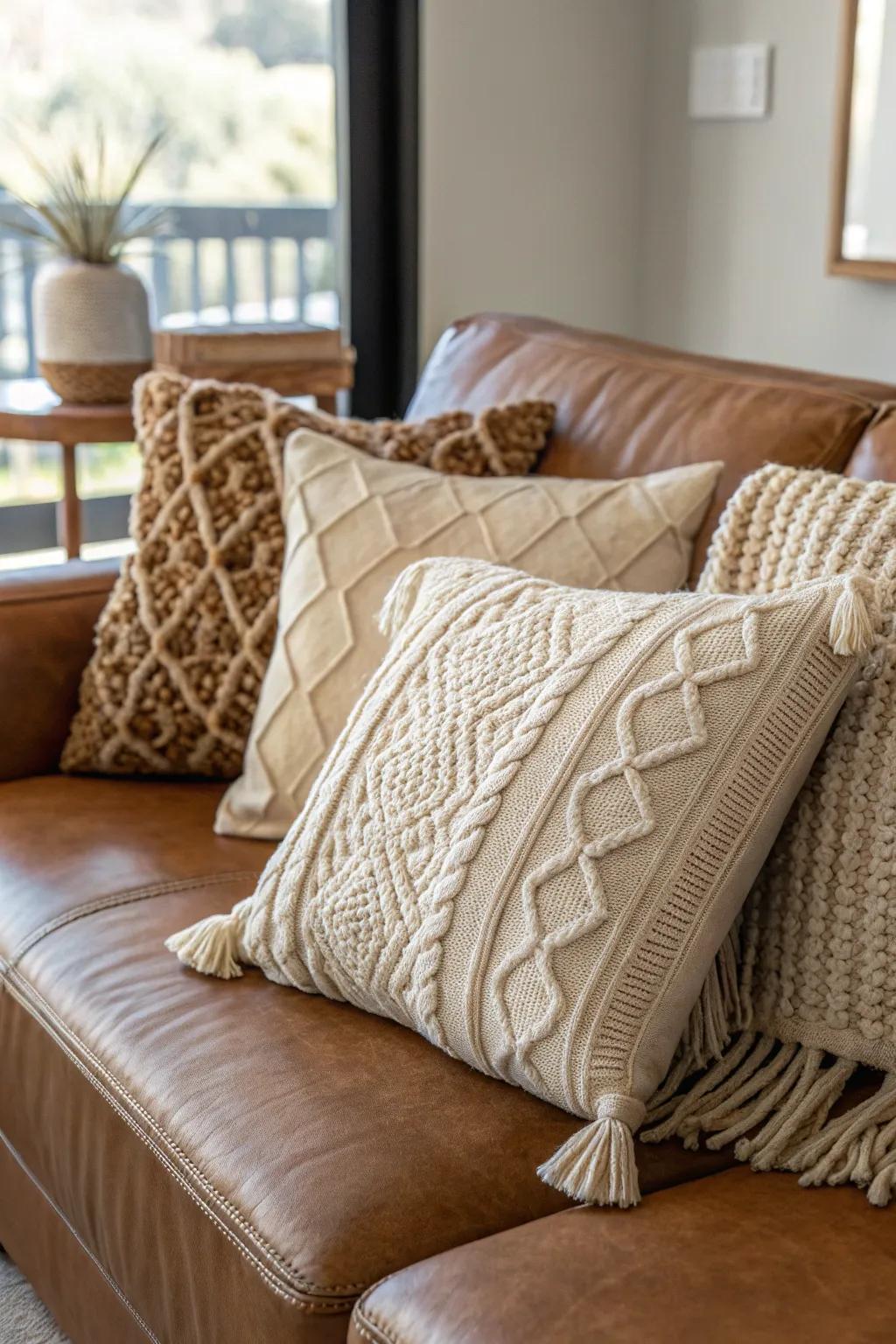 Textured pillows provide depth and interest to a leather couch.