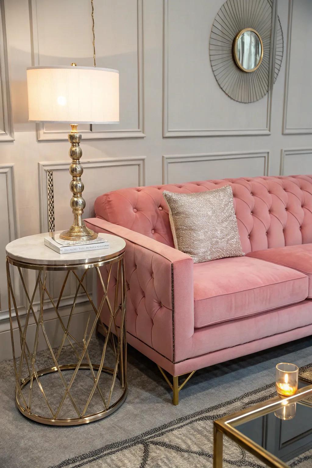 Metallic accents can add sophistication to a pink couch setting.