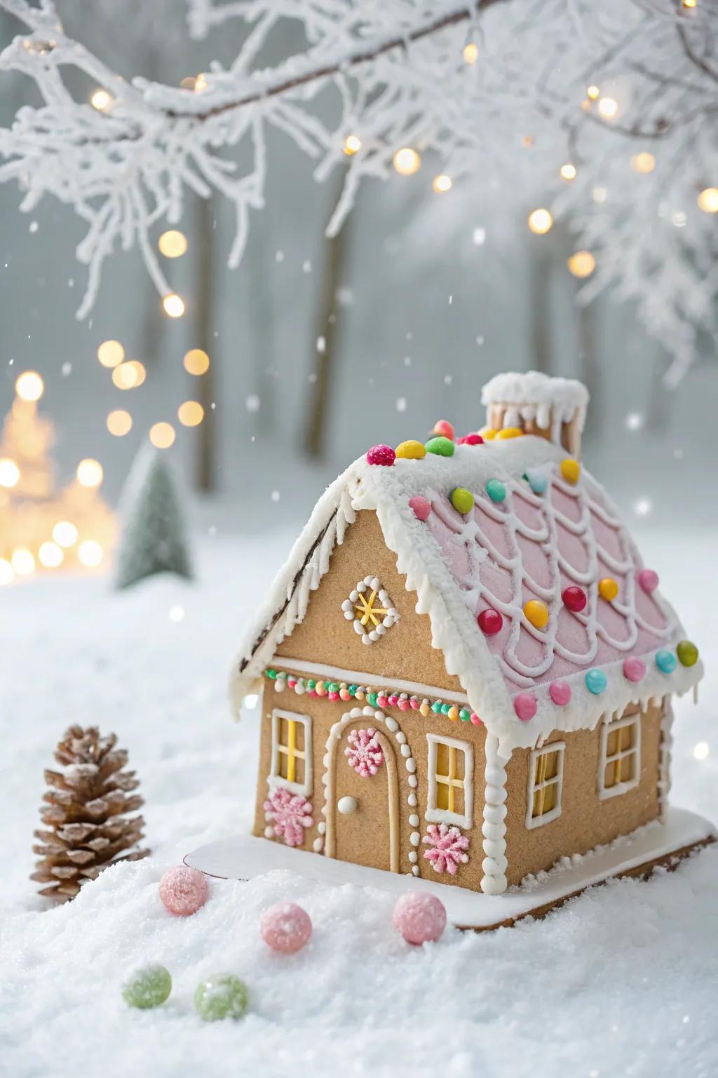 A pastel wonderland-inspired gingerbread house.