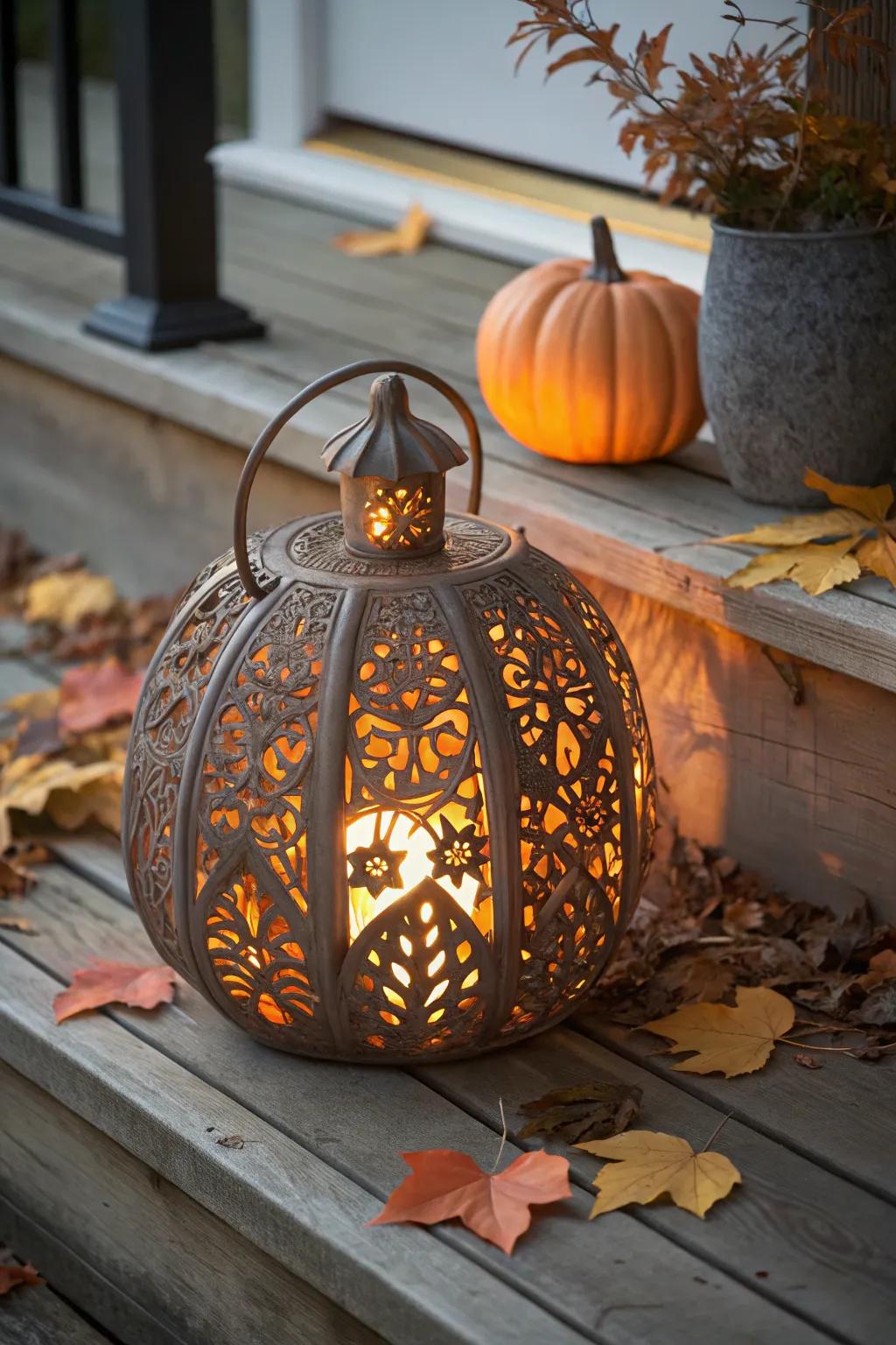 Illuminate your Halloween with handcrafted elegance: a plasma-cut pumpkin lantern.