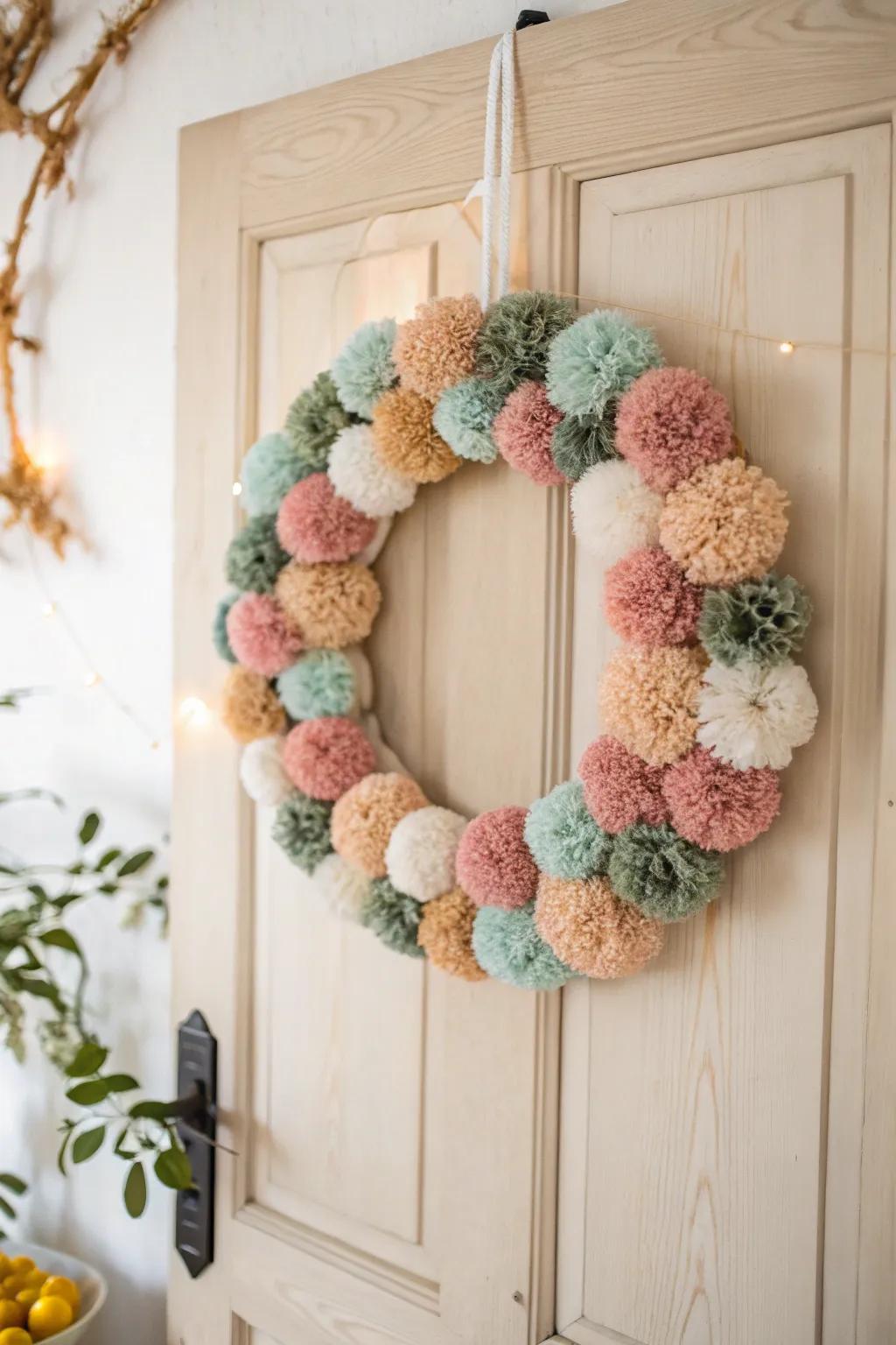 Welcome guests with a burst of color and creativity - a handcrafted pom pom wreath for your door.