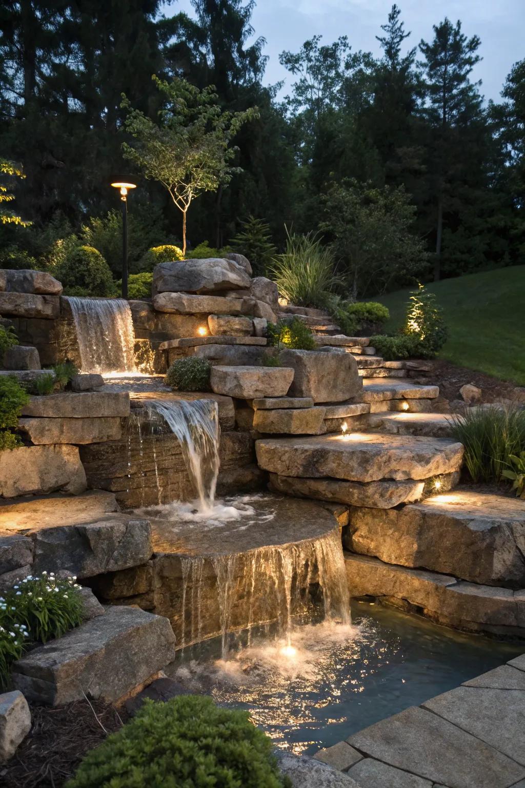 Elevate your outdoor space with the artistry of a multi-tiered waterfall—where craftsmanship meets serenity.