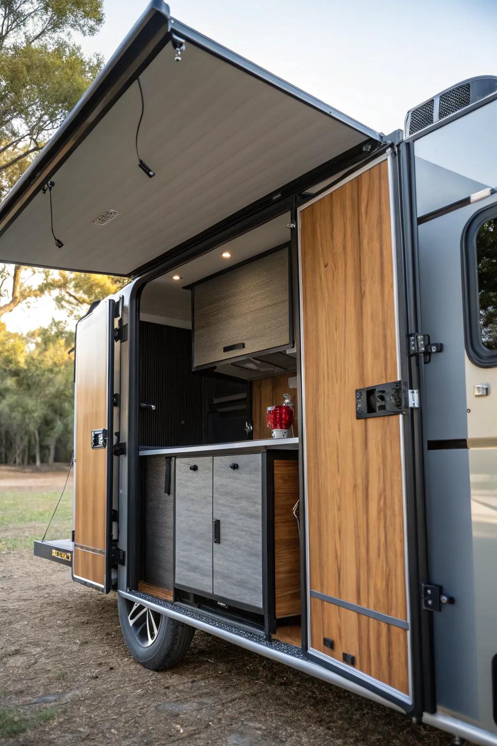 Transform your camping experience with a stylish and functional foldable wall system. Elevate your camper with craftsmanship and innovation.