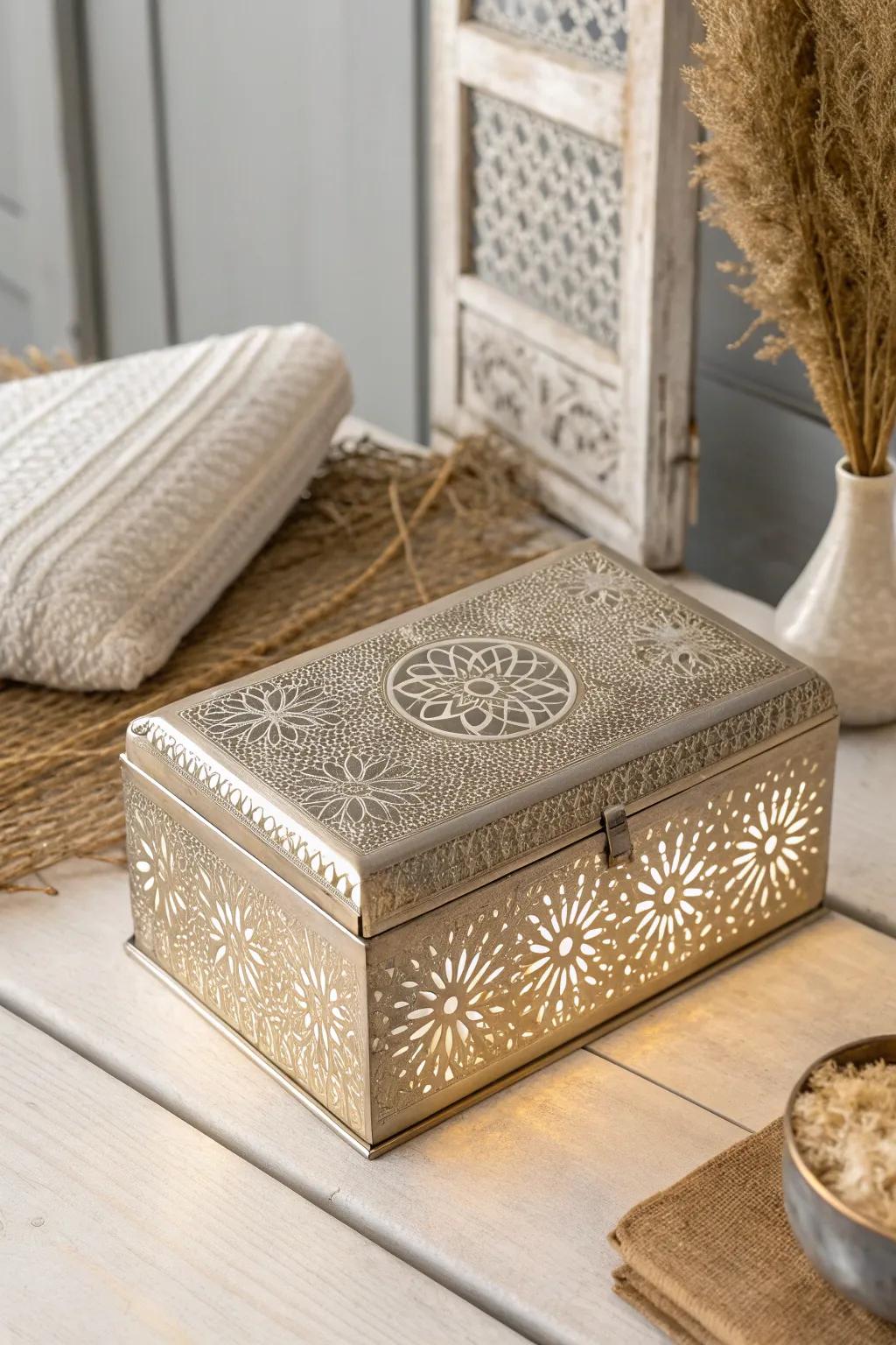 Embrace metallic elegance with a touch of boho charm in your prayer box collection.